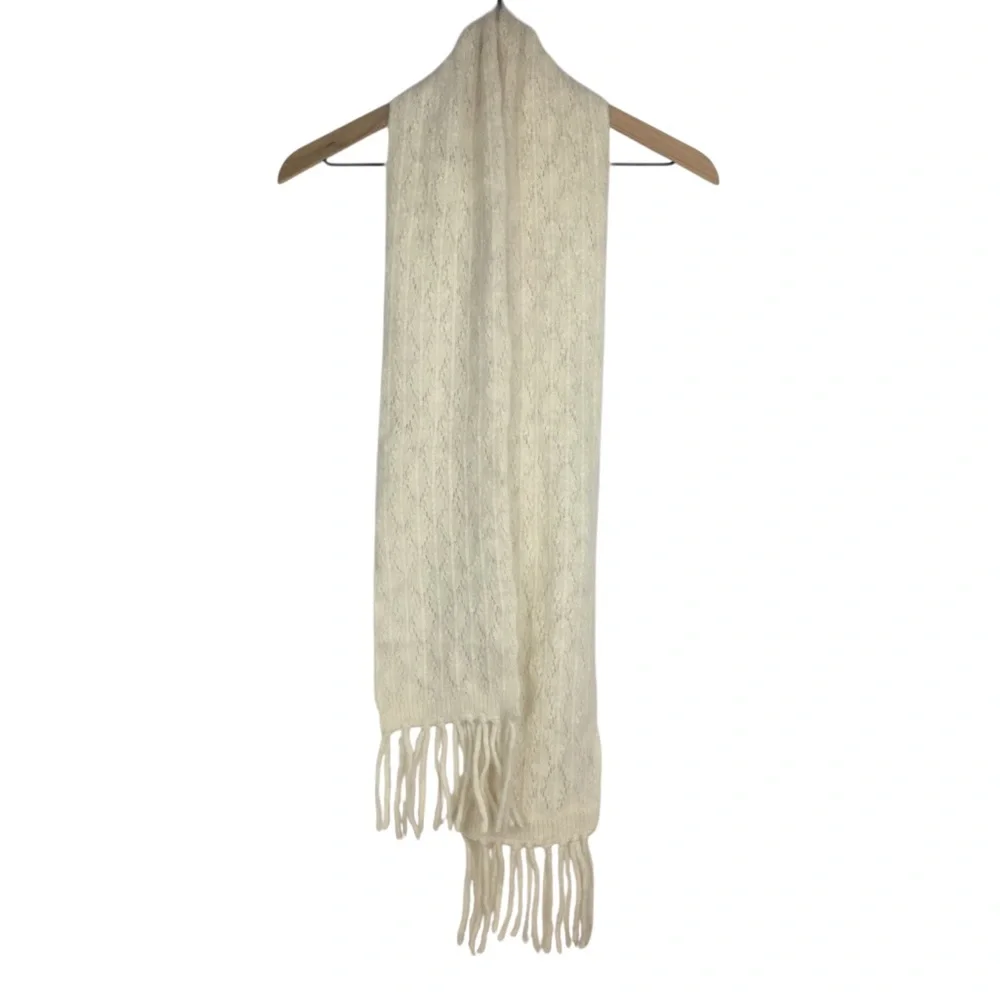 ANGORA Rabbit Hair Wool Blend Scarf Fresh Ivory Fringe Neutral Coastal Grandma